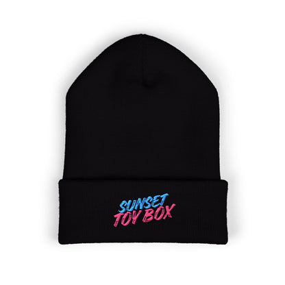 Miami Sunset Toy Box - Black Embroidered Cuffed Beanie